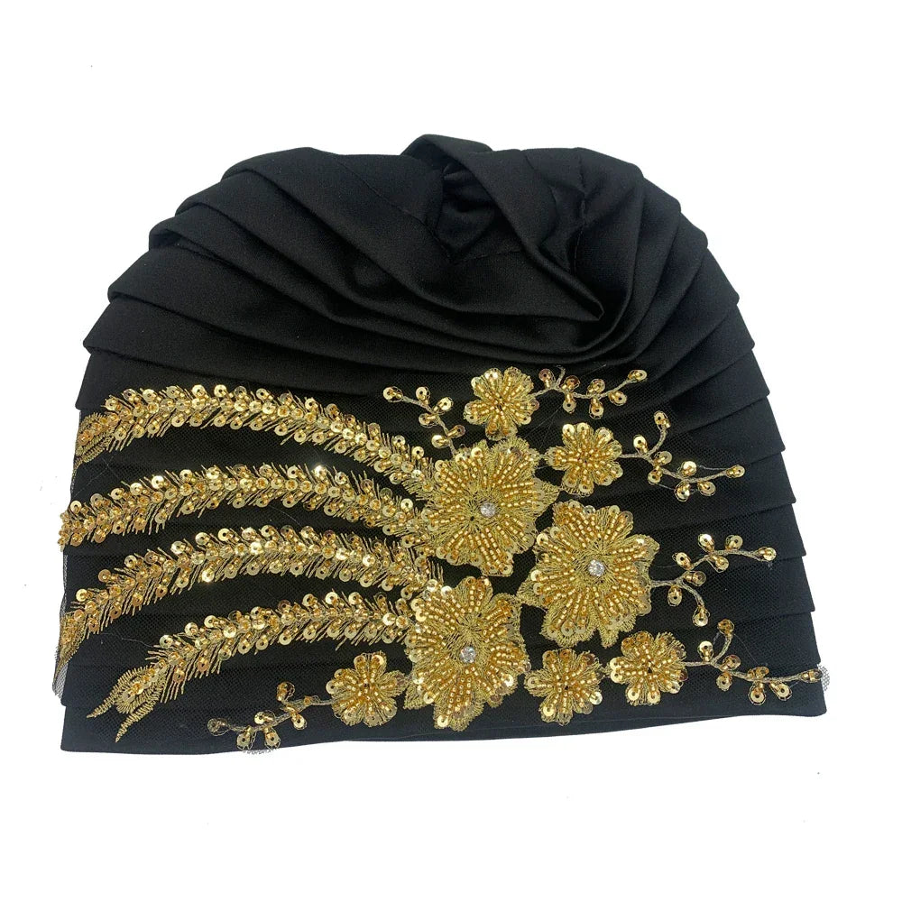 Luxury Embroidery Beading Pleated Turban Cap - Palm and Thread
