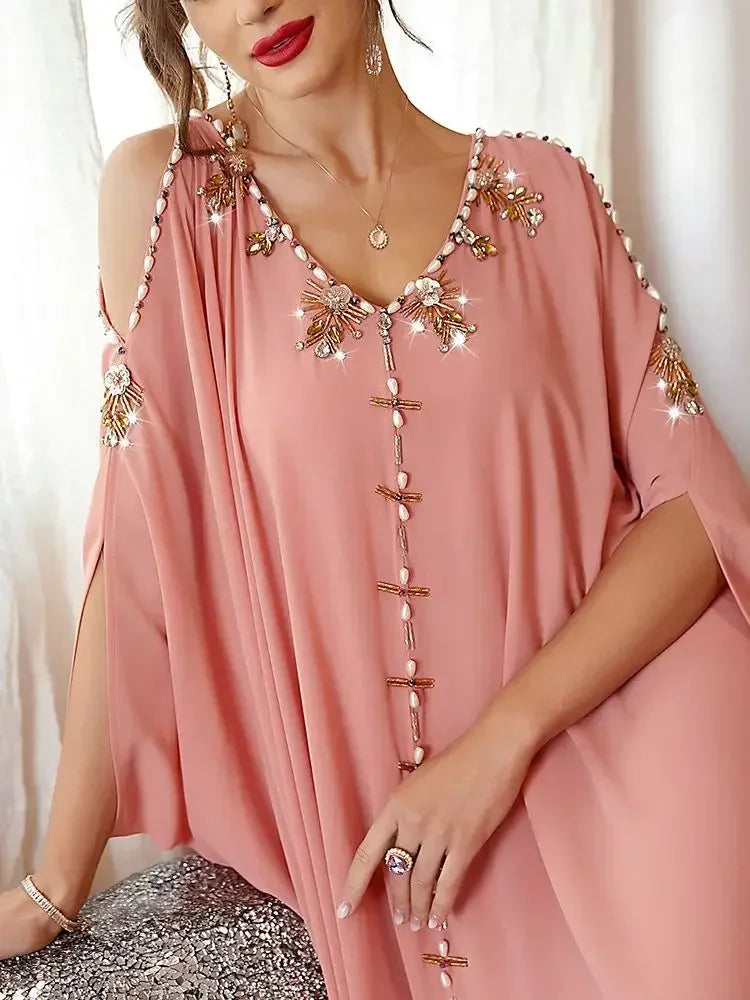 Off Shoulder Pink Diamond Beads Abaya - Palm and Thread