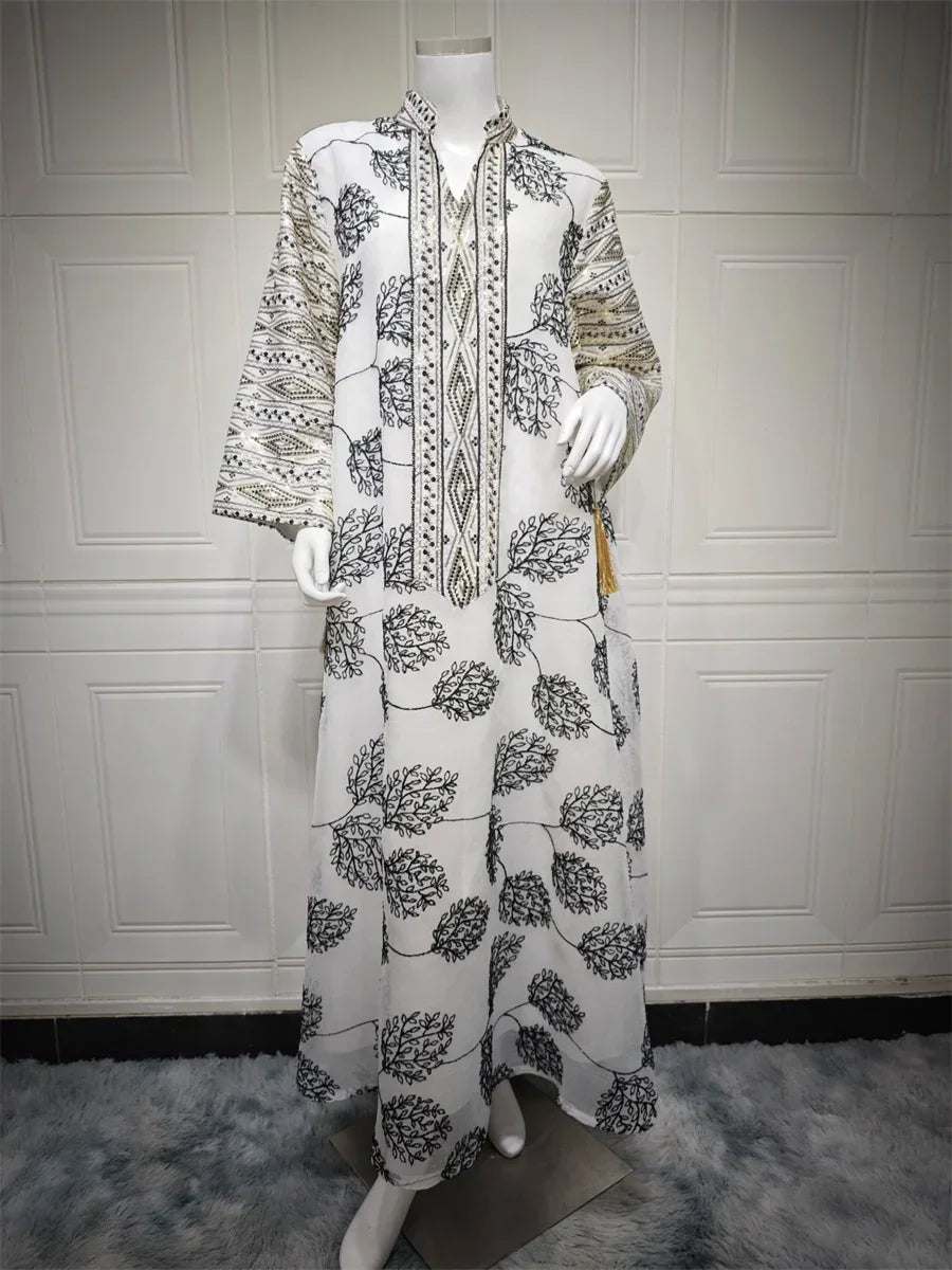 Embroidery Sequins Maxi Dress Casual Loose Abaya - Palm and Thread
