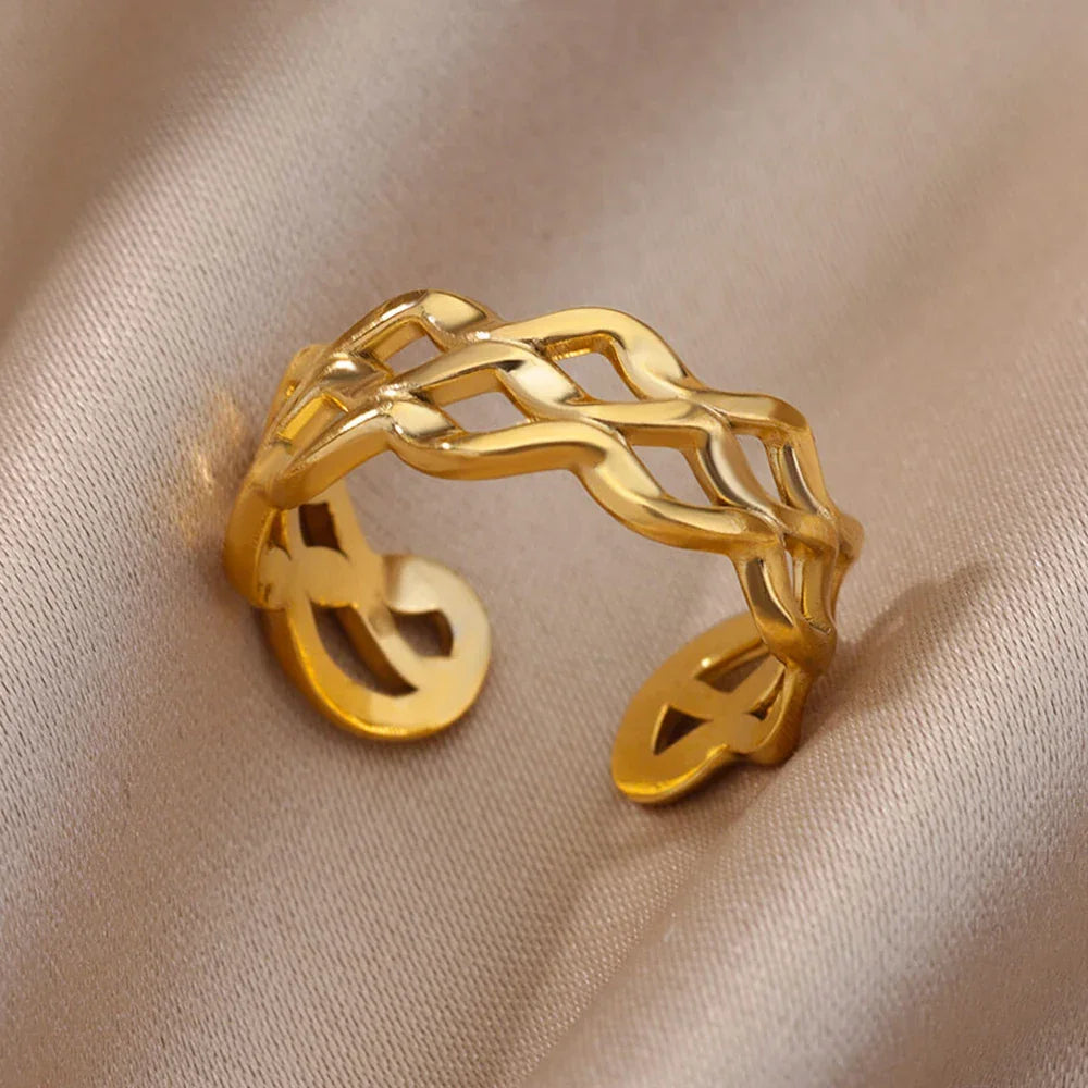 Stainless Steel Gold Color Open Gothic Ring - Palm and Thread