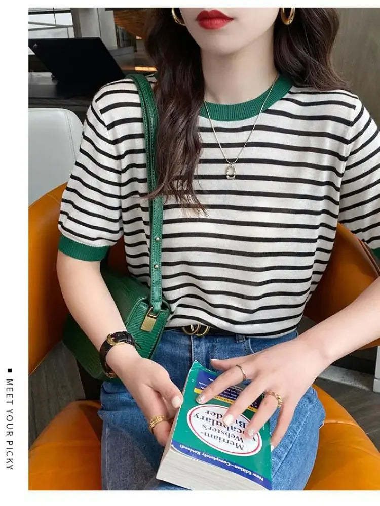 Knitted Round Collar Print T-Shirt - Palm and Thread