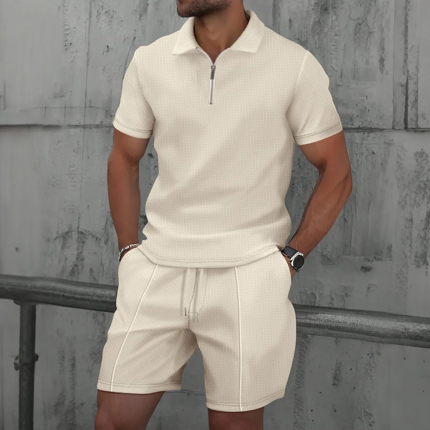 Waffle zip-up lapel short-sleeve suit shorts set - Palm and Thread
