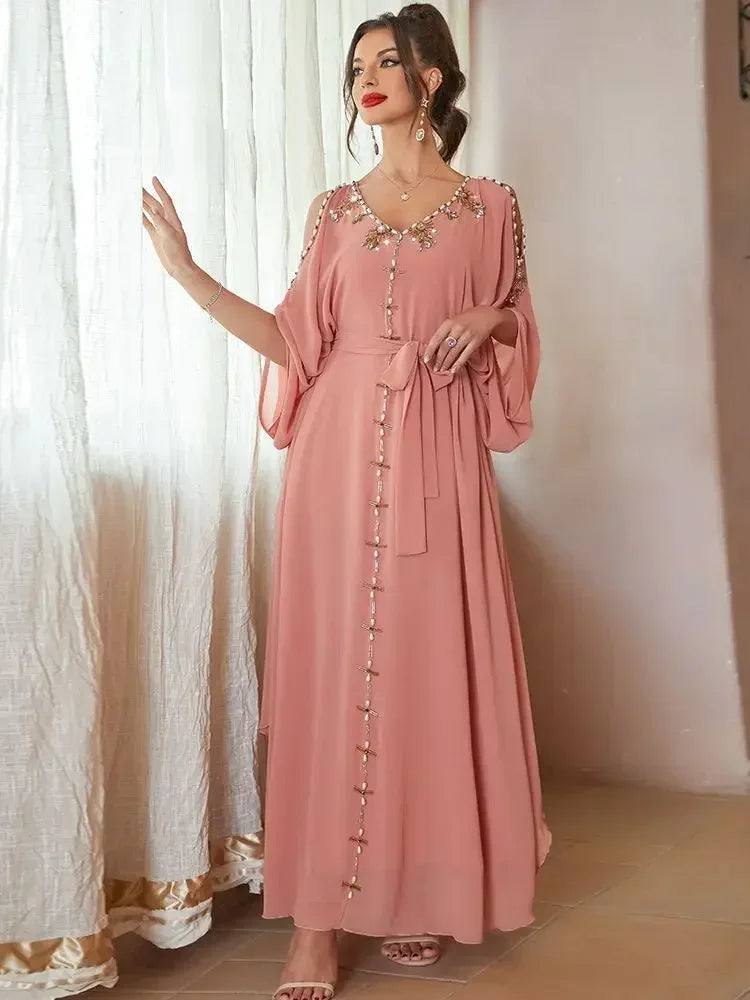 Off Shoulder Pink Diamond Beads Abaya - Palm and Thread