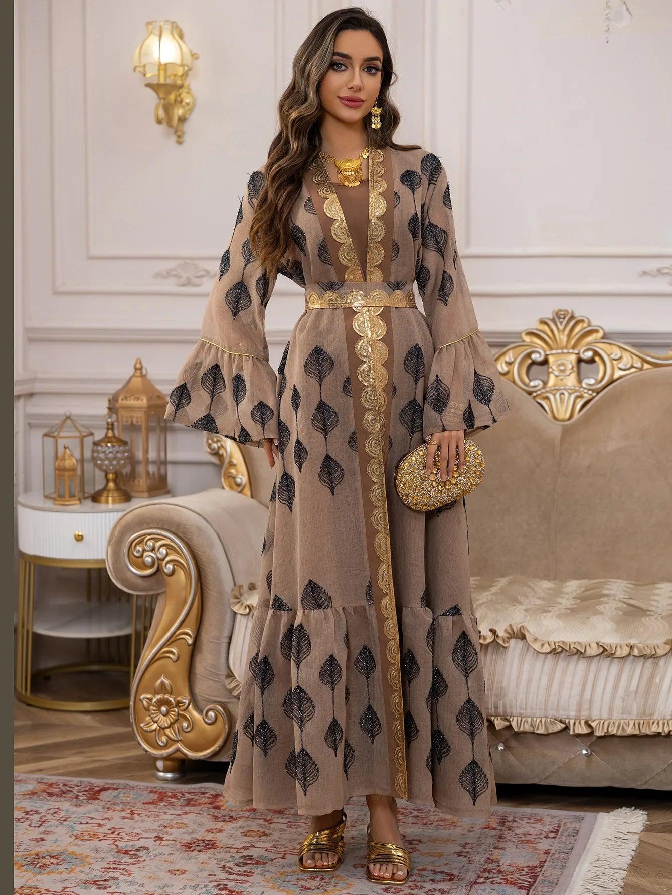 Abaya 2 Piece Set Mesh Embroidery Kaftan Vestidos Largos - Palm and Thread