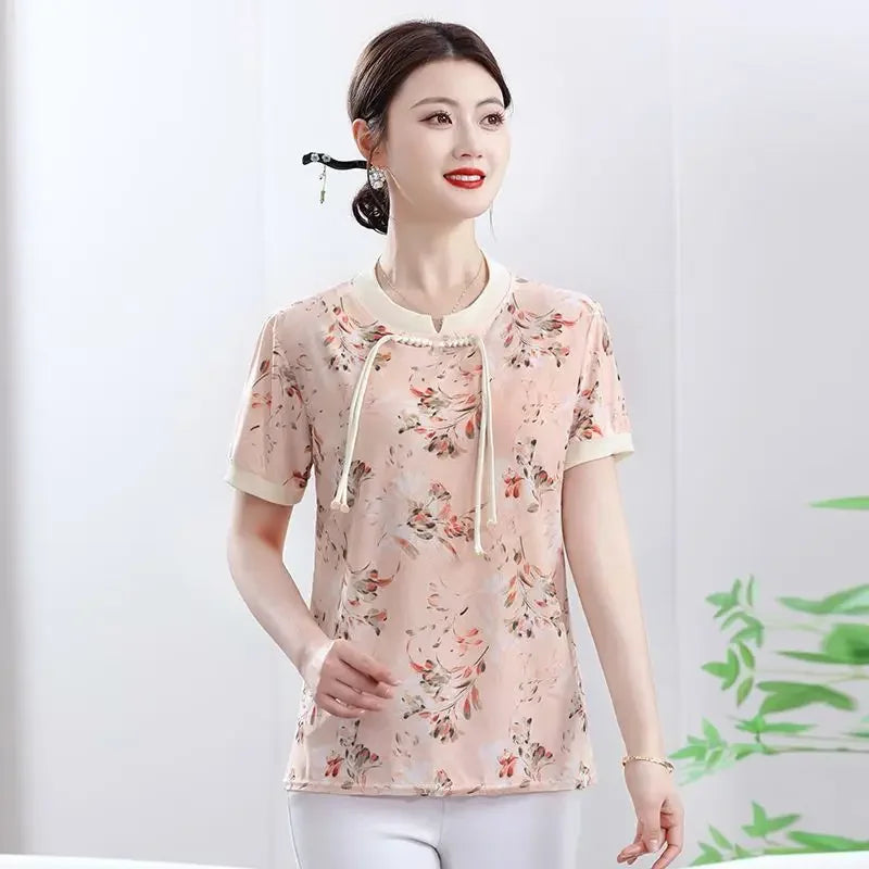 New Short Sleeve Loose Top Elegant National Style - Palm and Thread