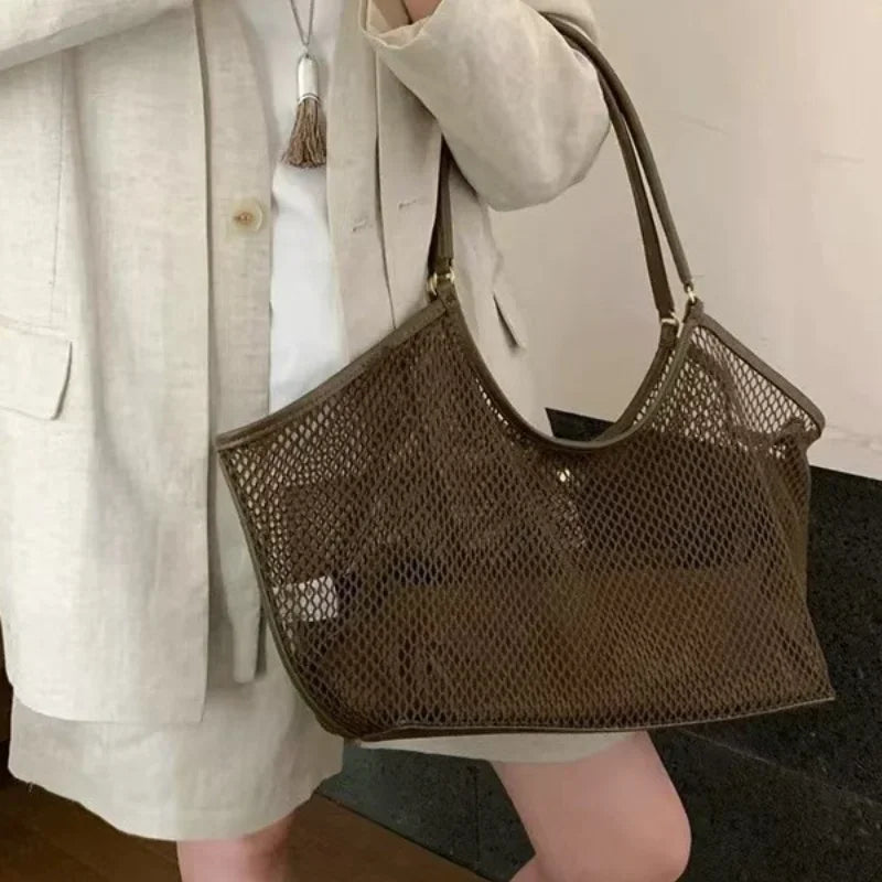 Mesh Beach Tote Foldable Bag With Inside Pocket - Palm and Thread