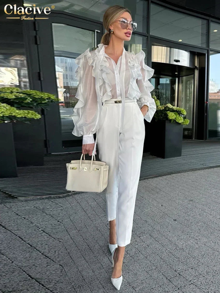 White Fashion Ruffle Collar Long Sleeve Shirt - Palm and Thread