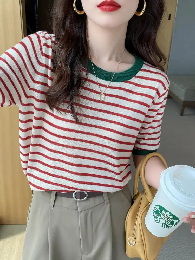 Knitted Round Collar Print T-Shirt - Palm and Thread