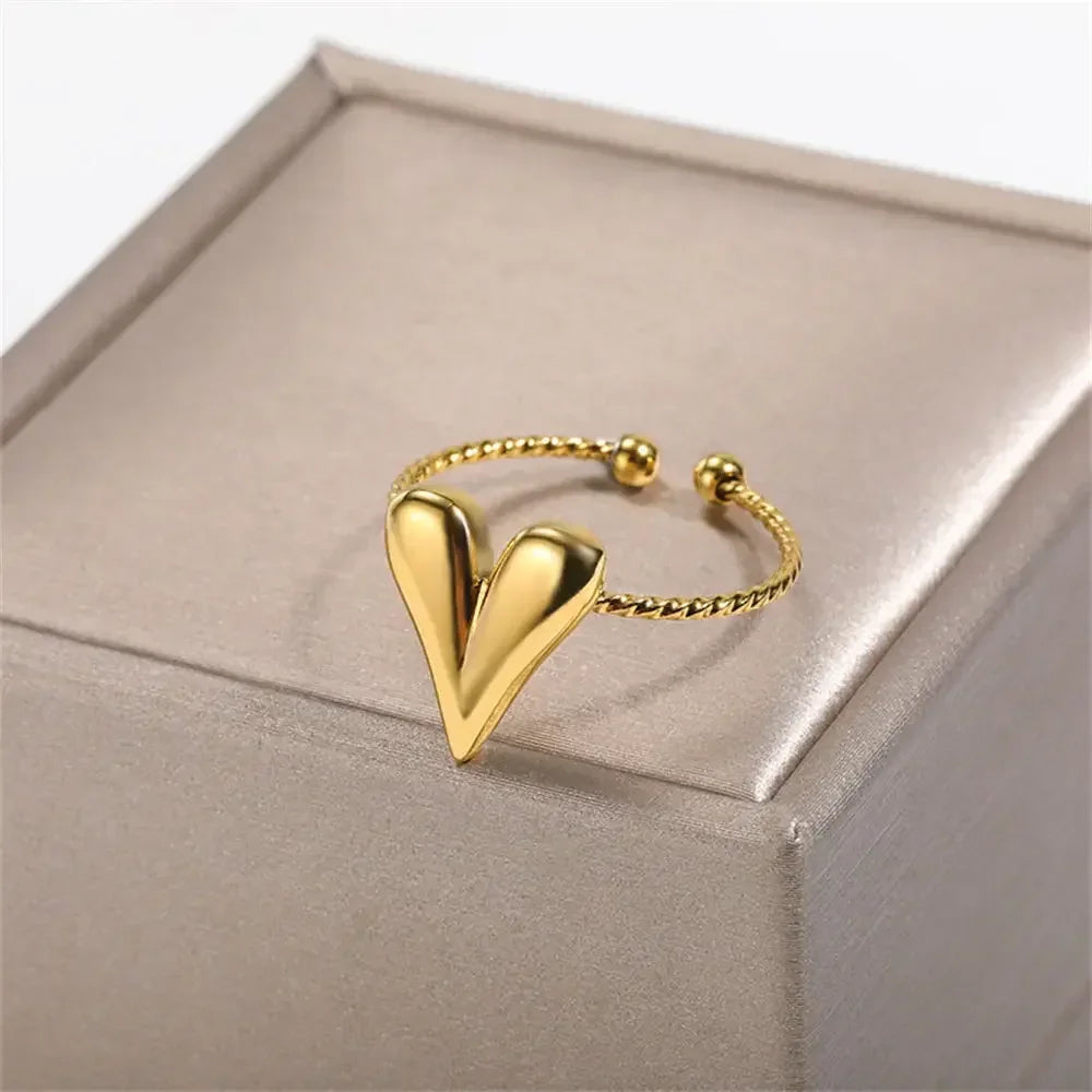 Stainless Steel Heart Wide Ring Adjustable - Palm and Thread