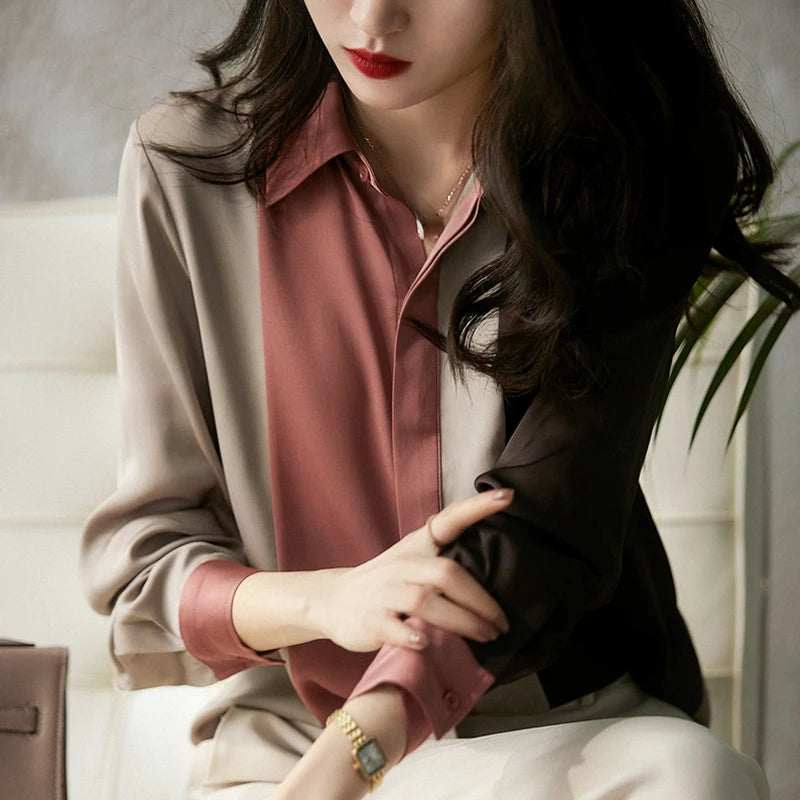 Satin Button New Vintage Long Sleeve Polo Collar Blouse