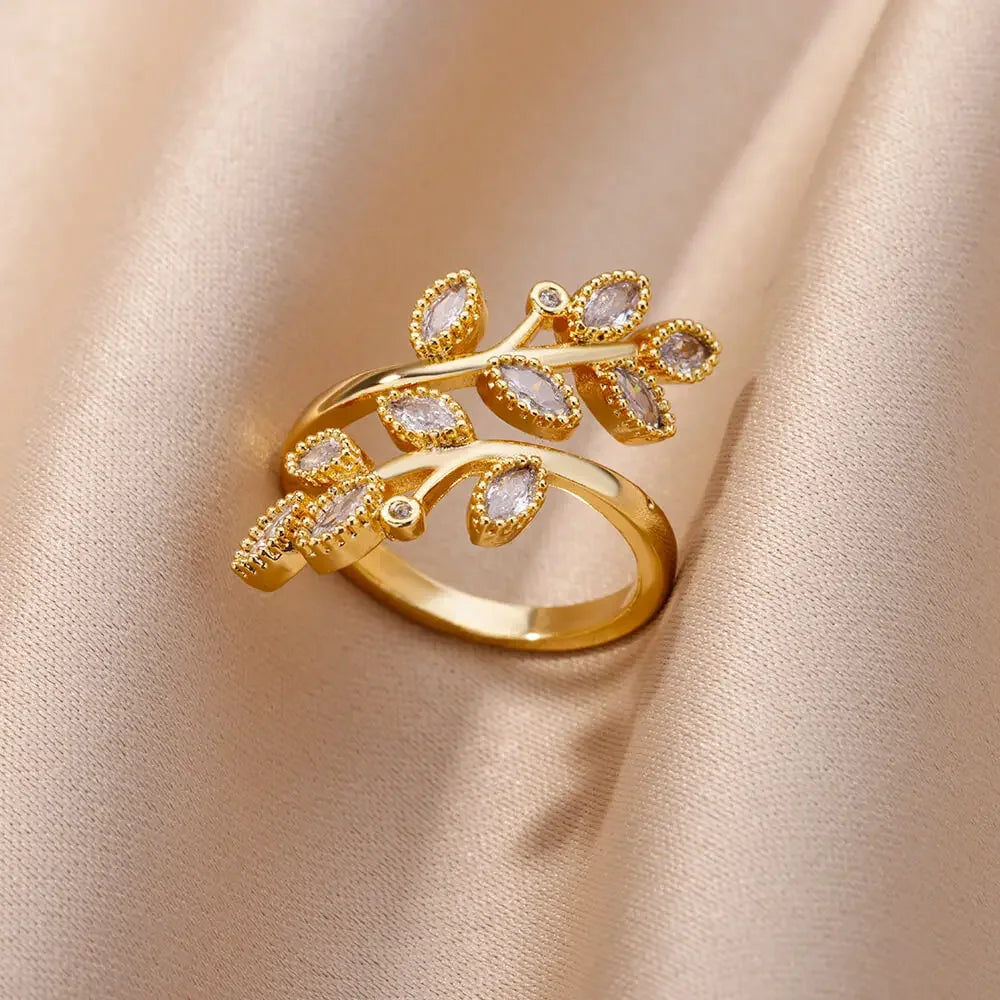 White Zircon Flower Leaf Shape Stainless Steel Ring - Palm and Thread