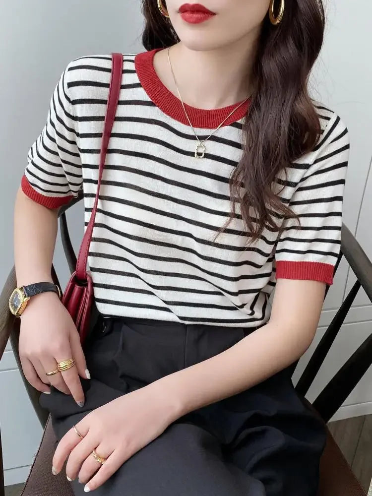 Knitted Round Collar Print T-Shirt - Palm and Thread