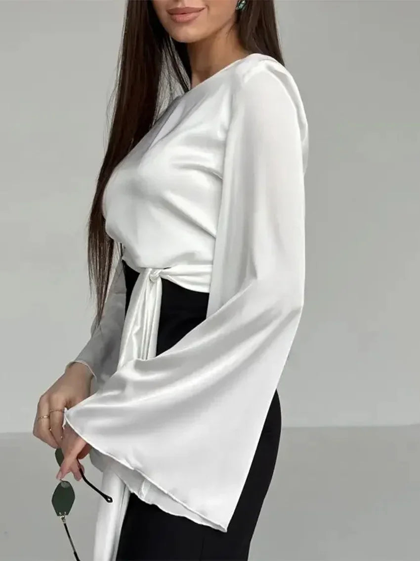 White Satin V-Neck Long Sleeve Shirt - Palm and Thread