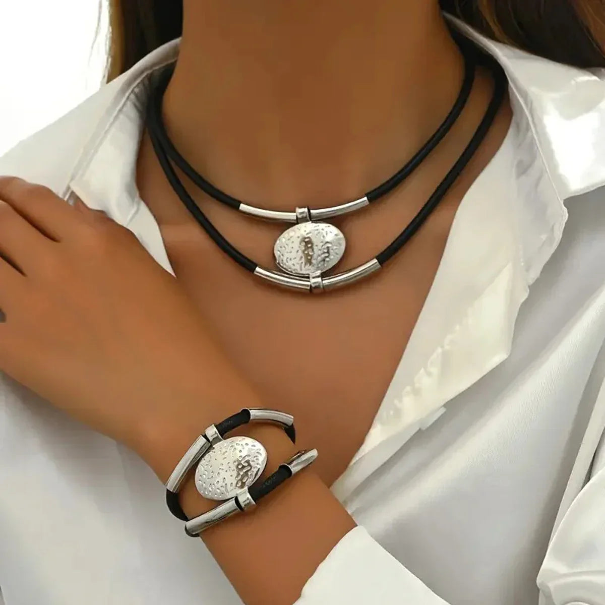 Vintage Oval Faux Leather Necklace Bracelet set - Palm and Thread