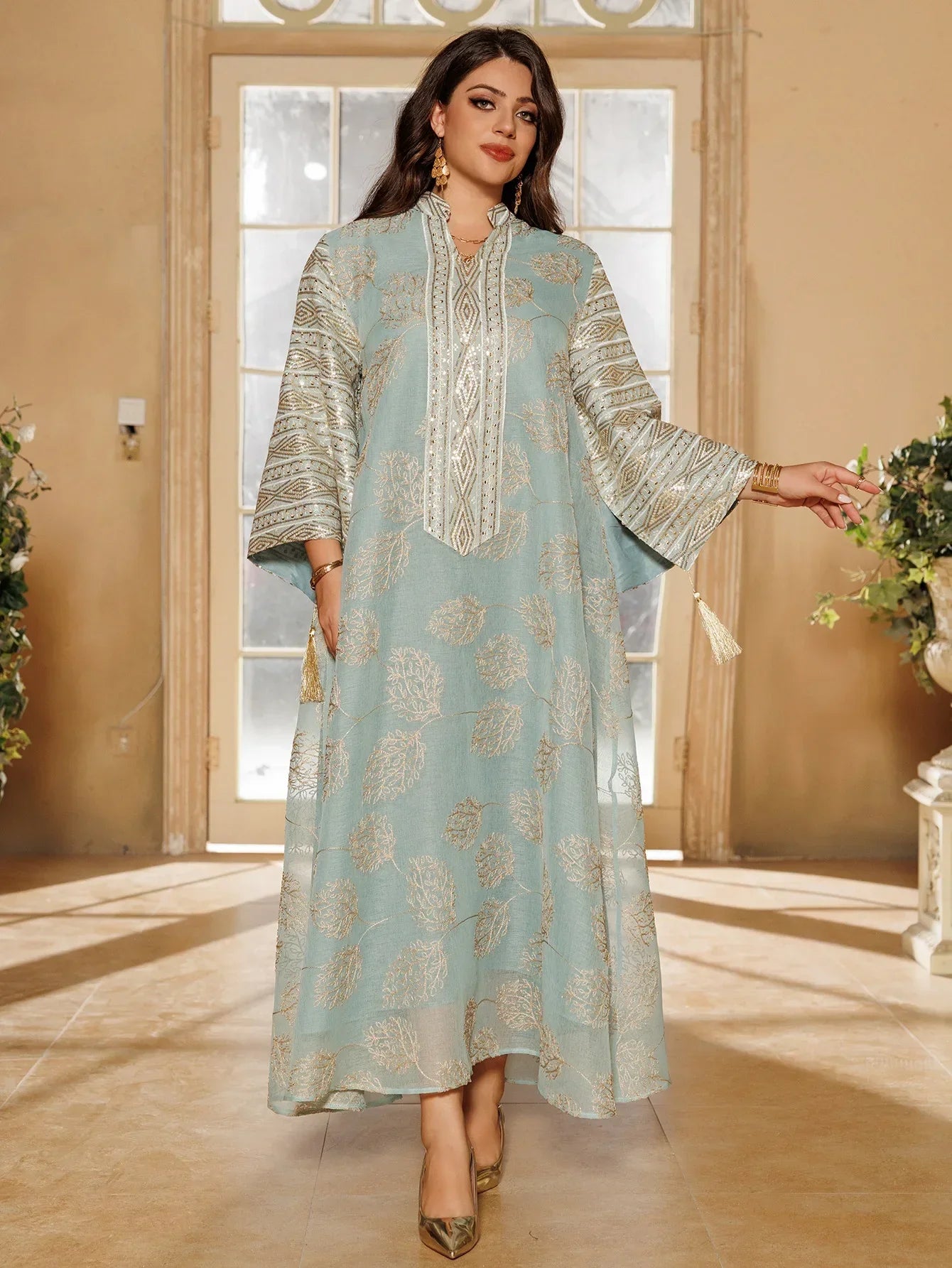 Embroidered Abaya with Gold Detailing Ideal for Formal Occasions - Palm and Thread