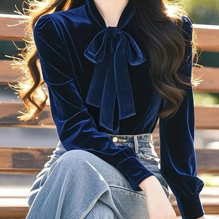 Long Sleeved Velvet Bow Blouse - Palm and Thread