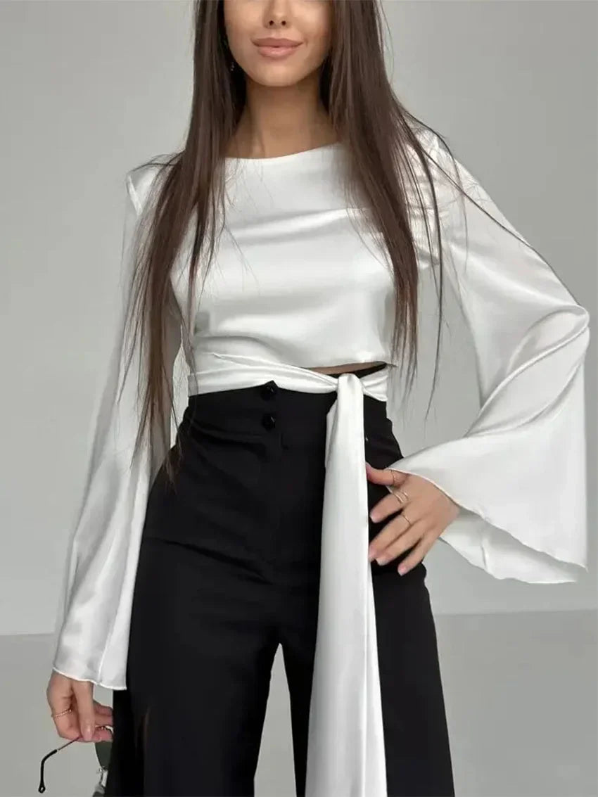 White Satin V-Neck Long Sleeve Shirt - Palm and Thread