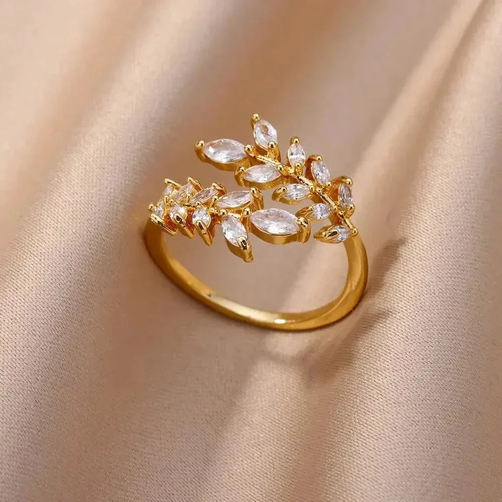 Zircon Cristal Geometric Stainless Steel Gold Color Adjustable Finger Ring - Palm and Thread