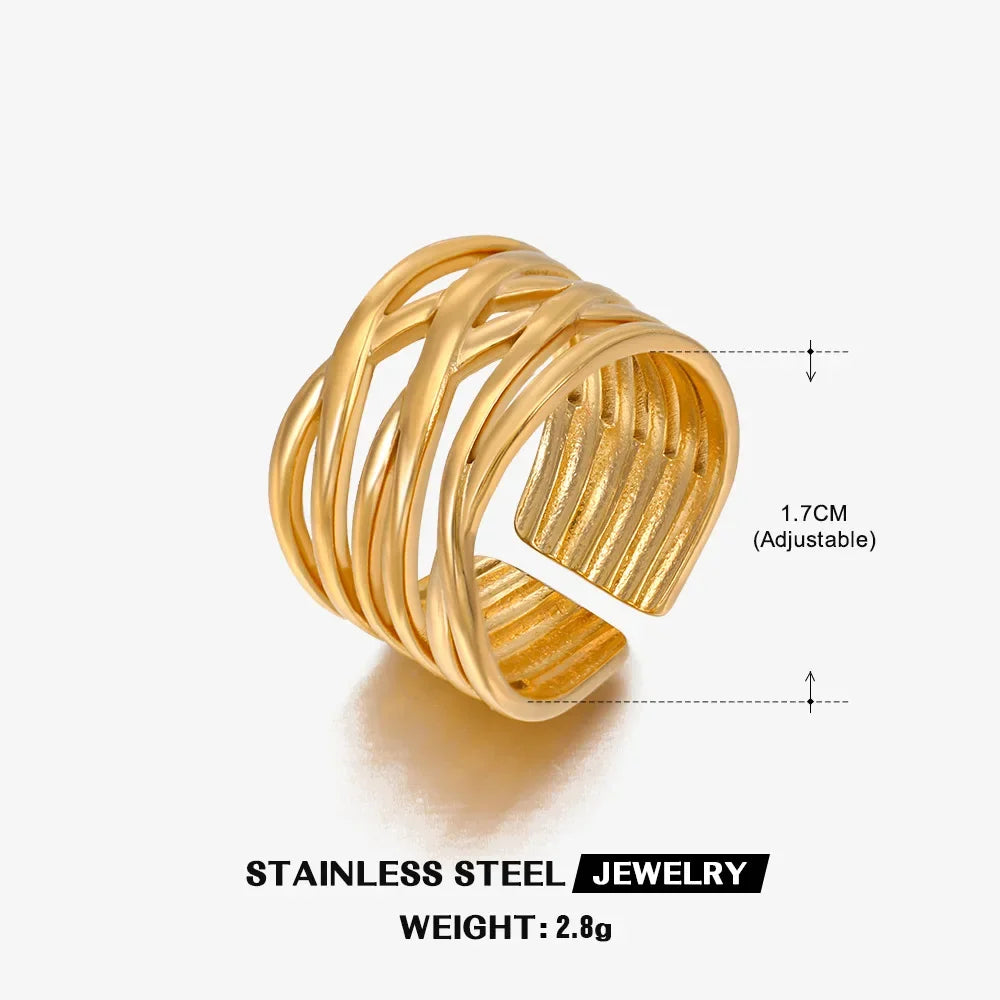 Multiple Styles Stainless Steel Geometric Texture Wide Ring - Palm and Thread