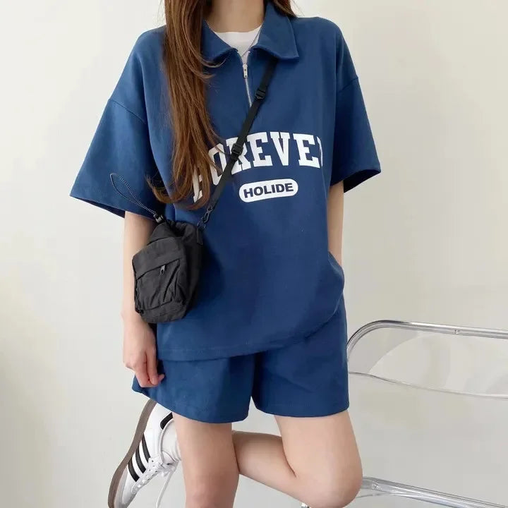 Cotton Ease Zip-Up Polo Shorts Set