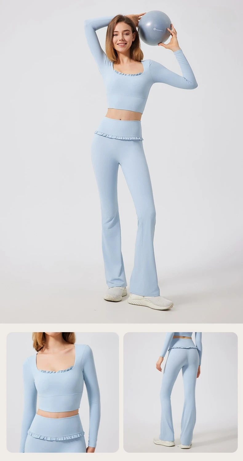 Padded Long Sleeve Crop Top & High Waist Flared Leggings