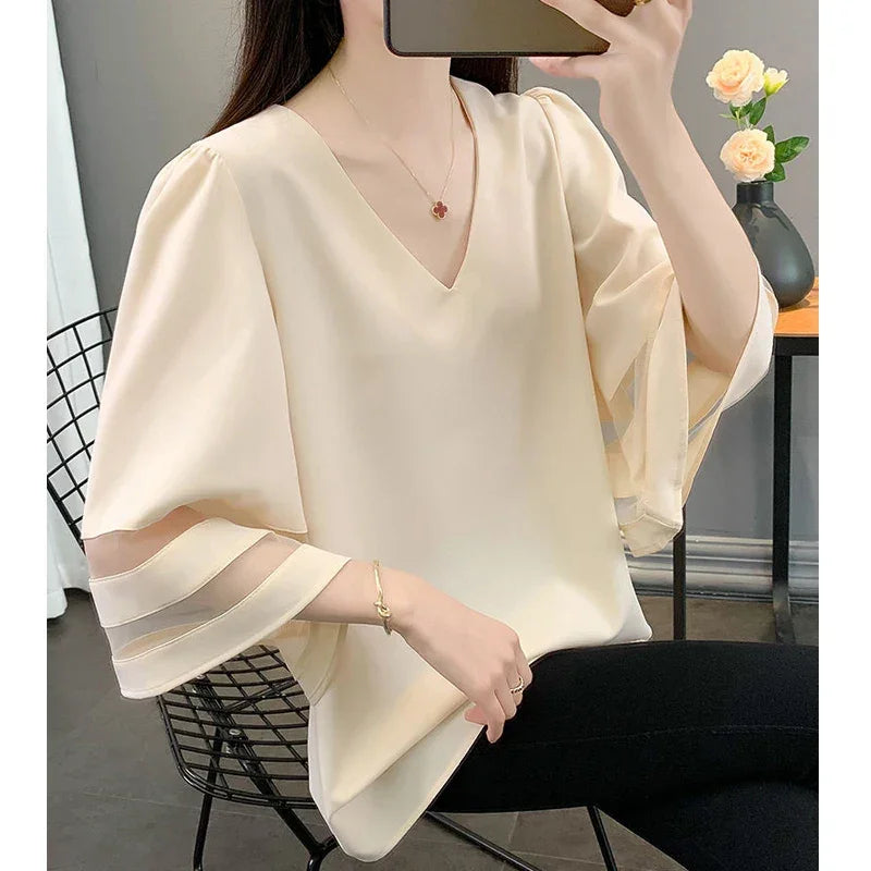 Mesh Patchwork Sleeve Blouse - Palm and Thread