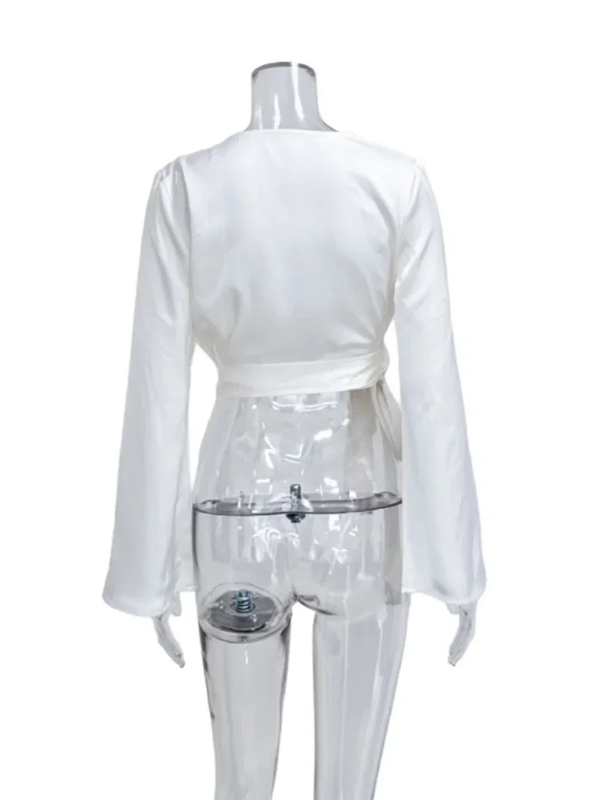 White Satin V-Neck Long Sleeve Shirt - Palm and Thread