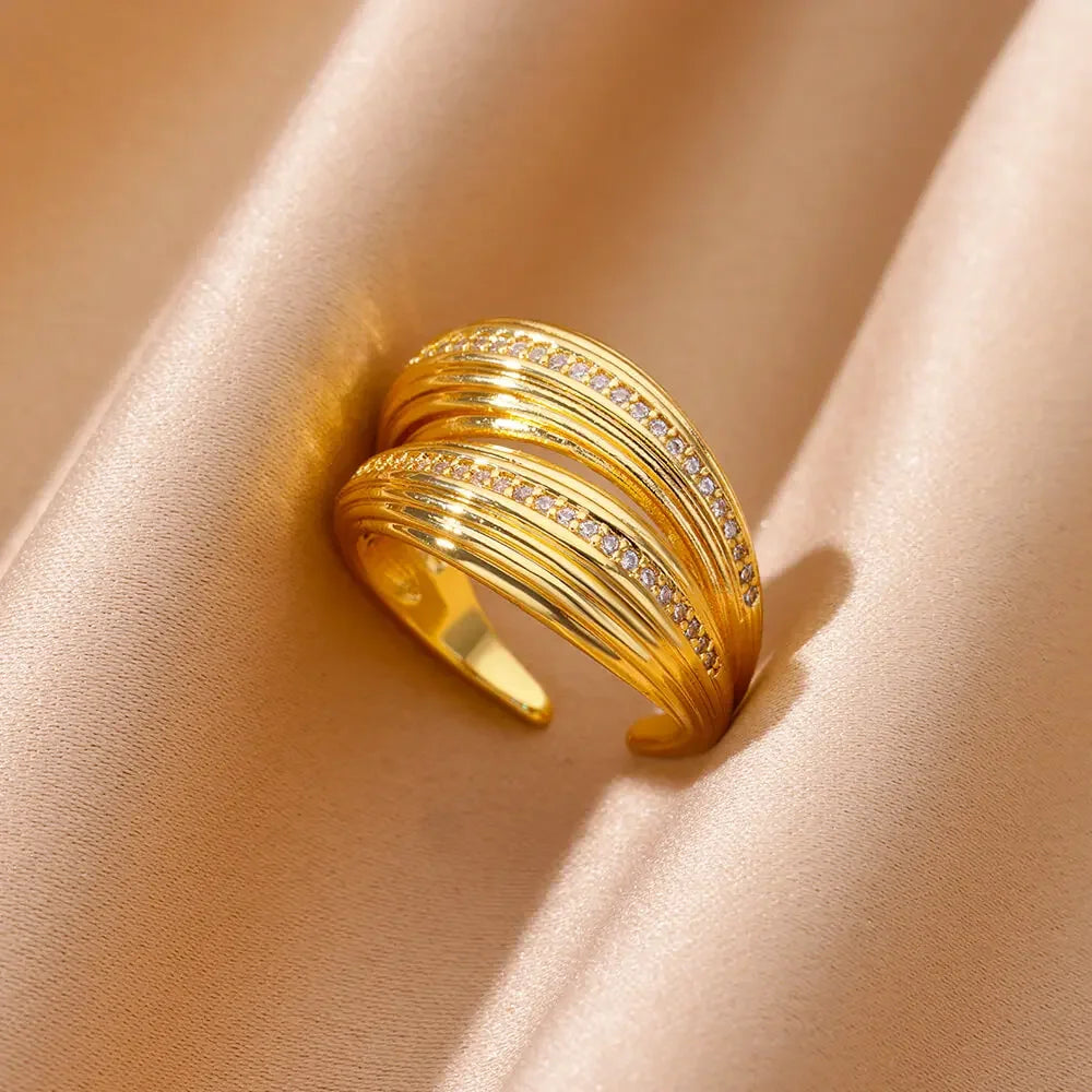 Zircon Cristal Geometric Stainless Steel Gold Color Adjustable Finger Ring - Palm and Thread