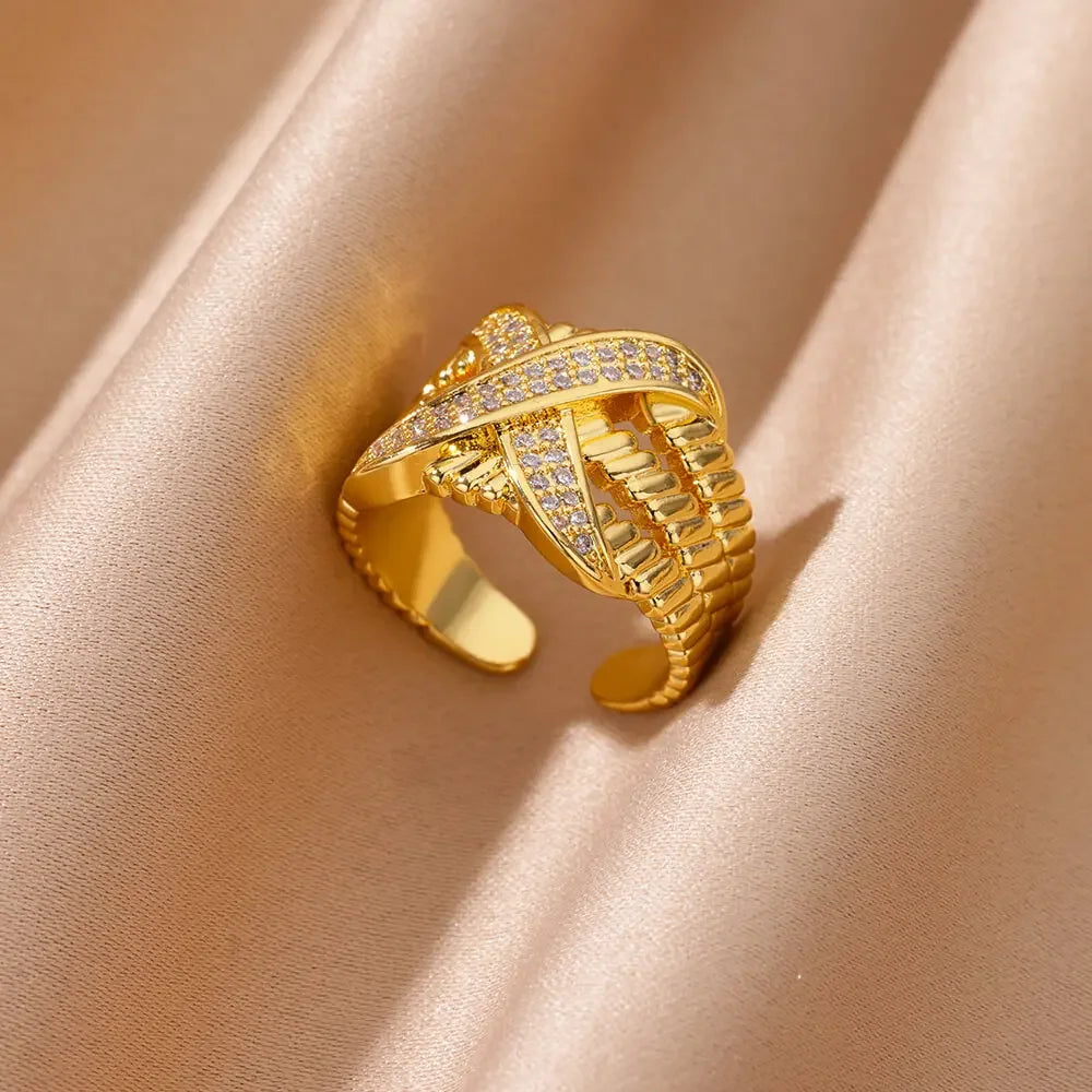 Zircon Cristal Geometric Stainless Steel Gold Color Adjustable Finger Ring - Palm and Thread