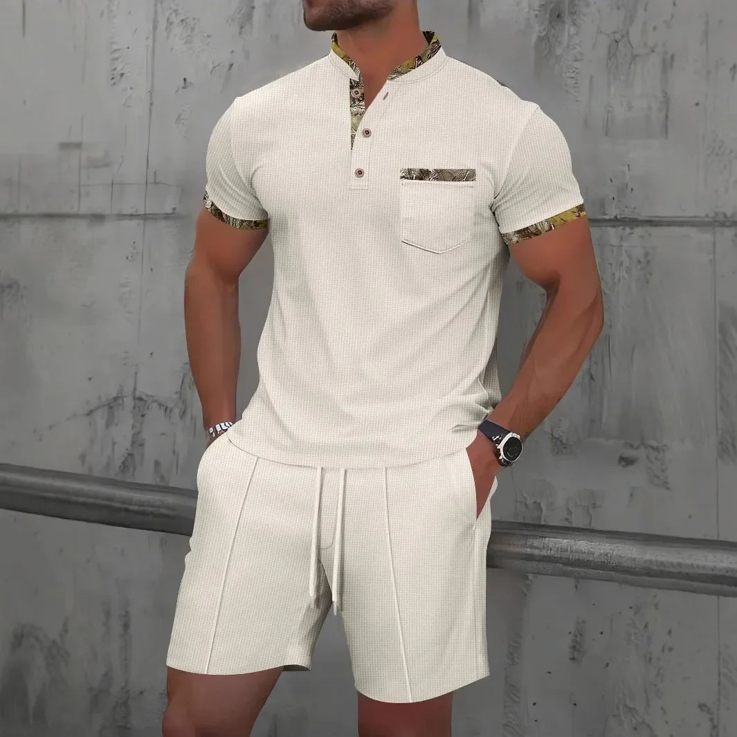 Waffle zip-up lapel short-sleeve suit shorts set - Palm and Thread
