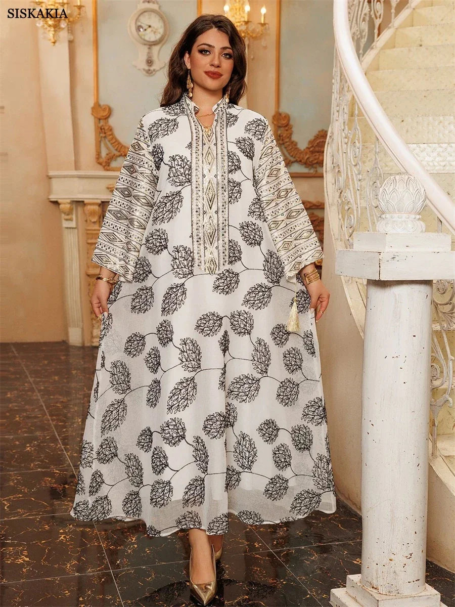 Embroidery Sequins Maxi Dress Casual Loose Abaya - Palm and Thread