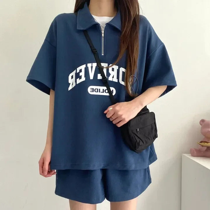Cotton Ease Zip-Up Polo Shorts Set