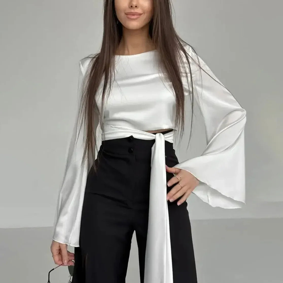 White Satin V-Neck Long Sleeve Shirt - Palm and Thread
