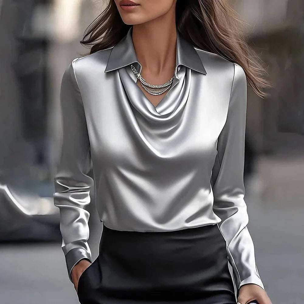 Swing Collar Draped Satin Shirt - Palm and Thread