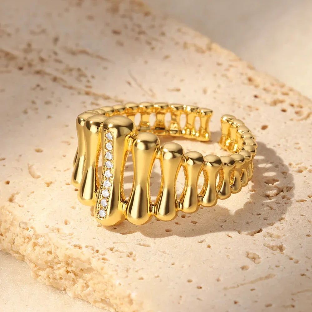 Zircon Cristal Geometric Stainless Steel Gold Color Adjustable Finger Ring - Palm and Thread