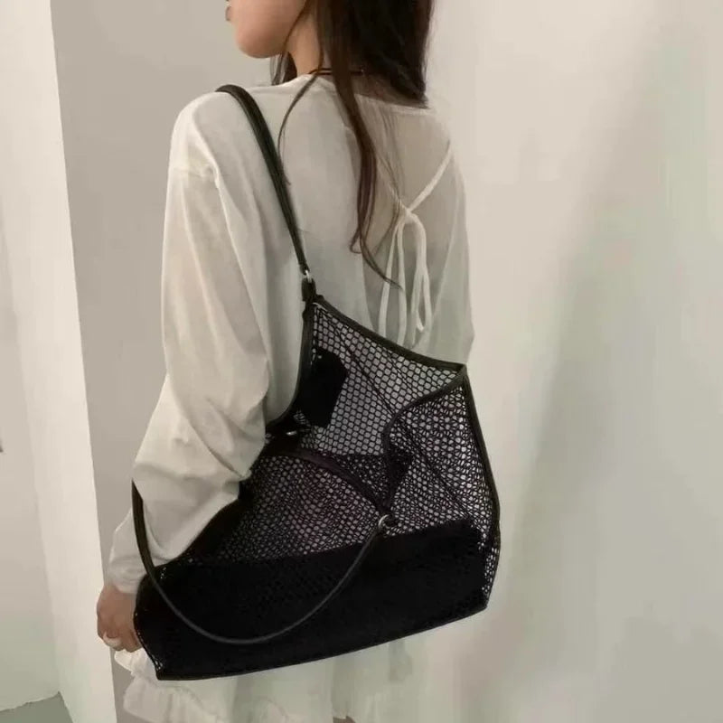 Mesh Beach Tote Foldable Bag With Inside Pocket - Palm and Thread