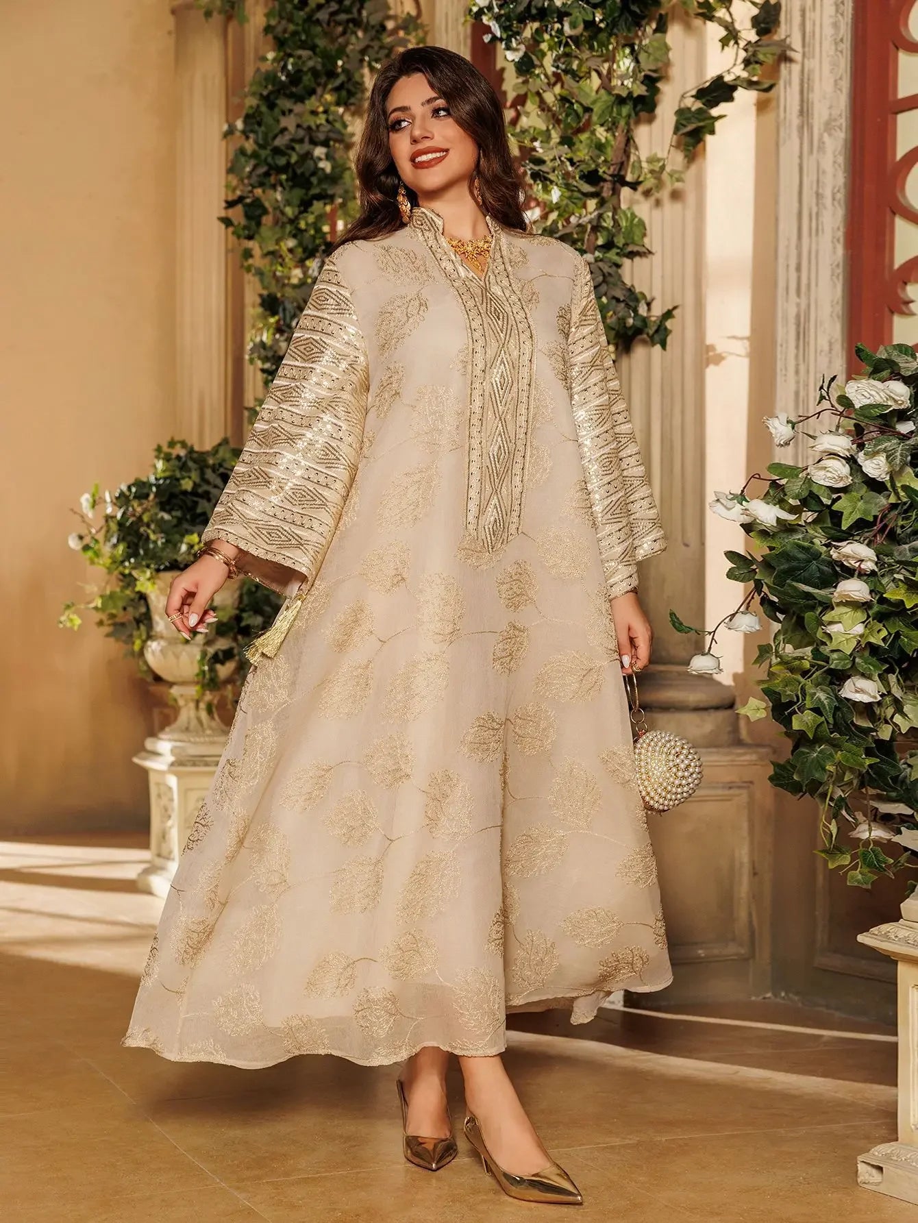 Embroidered Abaya with Gold Detailing Ideal for Formal Occasions - Palm and Thread
