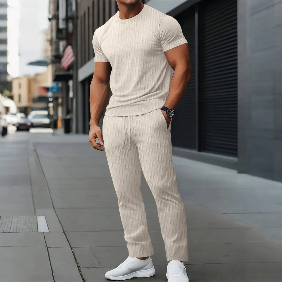 Round-Neck T-Shirt+Jacquard Pants Set - Palm and Thread