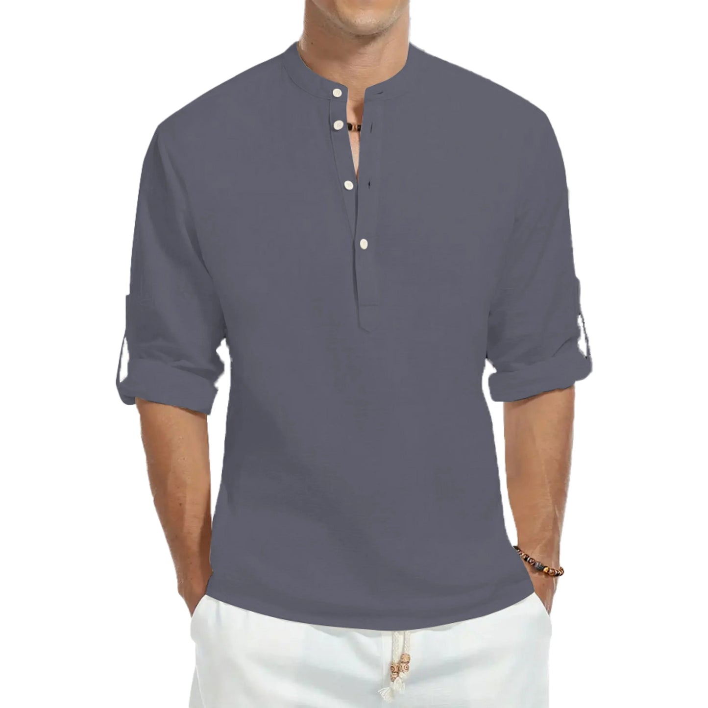 Loose cotton fashionable stand-up collar solid color long-sleeved T-shirt