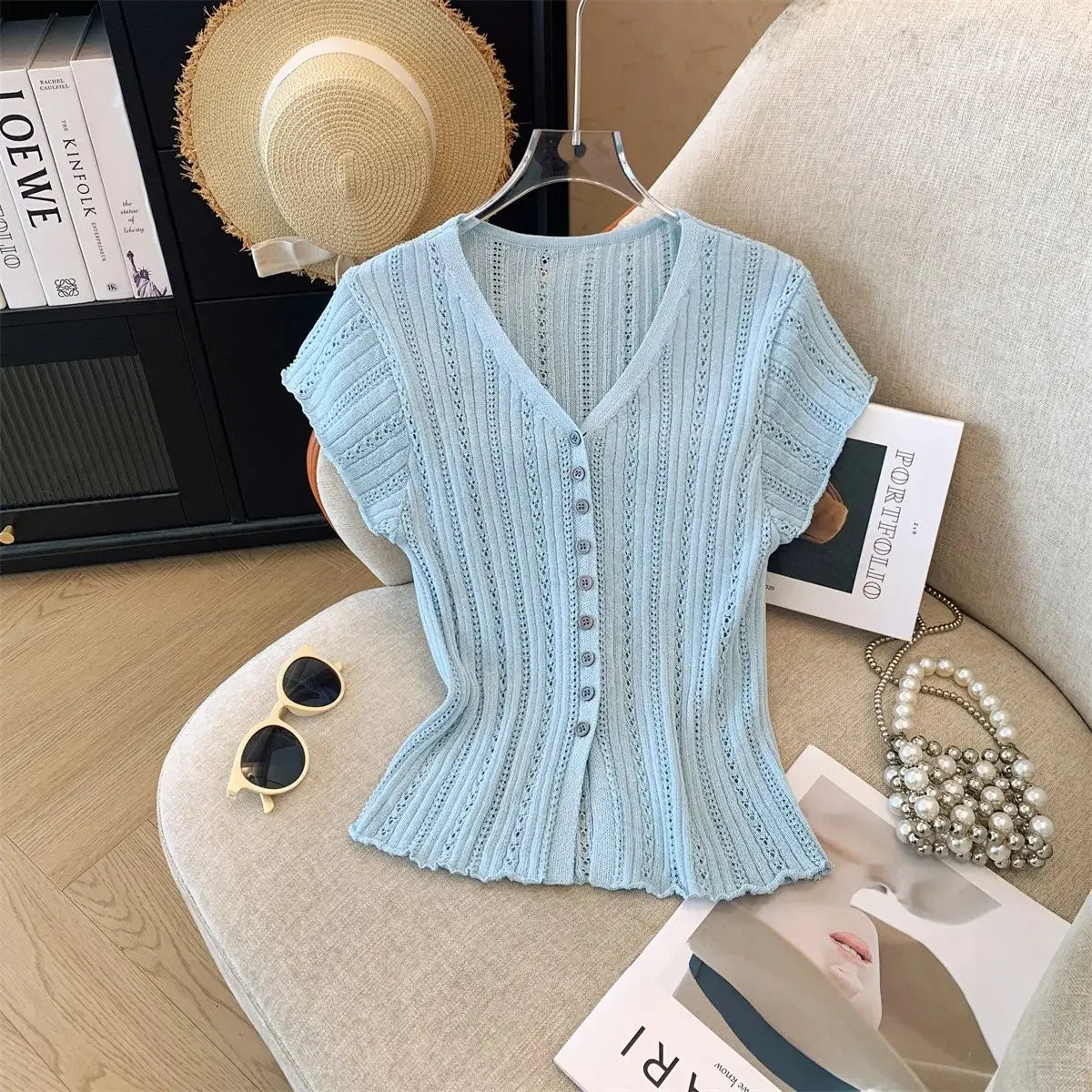 V-neck Cut-out Knitted Cardigan - Palm and Thread