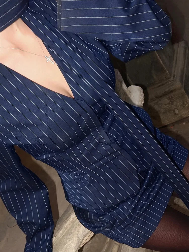 Mini Skirt Elegant Striped Commute Patchwork Suit Sets - Palm and Thread