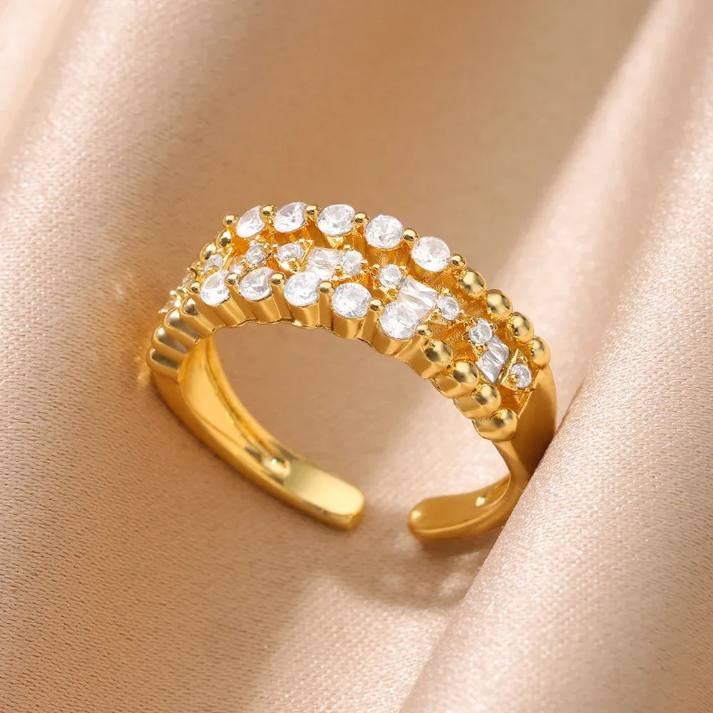 Zircon Cristal Geometric Stainless Steel Gold Color Adjustable Finger Ring - Palm and Thread