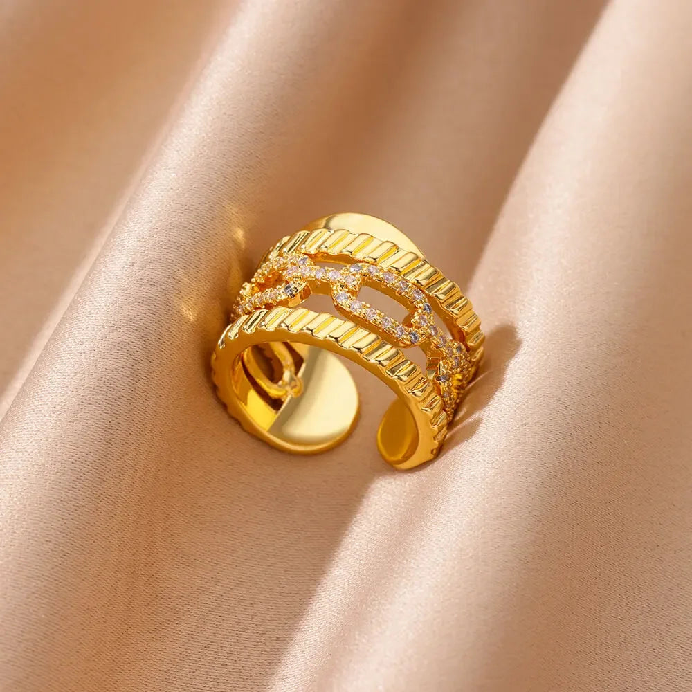 Zircon Cristal Geometric Stainless Steel Gold Color Adjustable Finger Ring - Palm and Thread