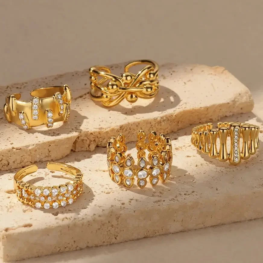 Zircon Cristal Geometric Stainless Steel Gold Color Adjustable Finger Ring - Palm and Thread