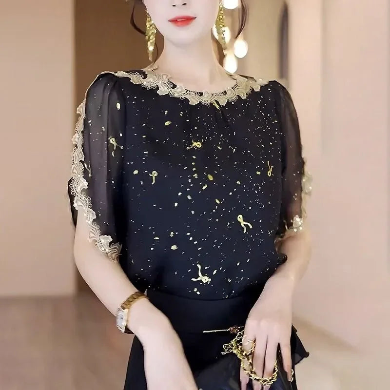Elegant Thin Casual All-match Black Sheer Blouse - Palm and Thread