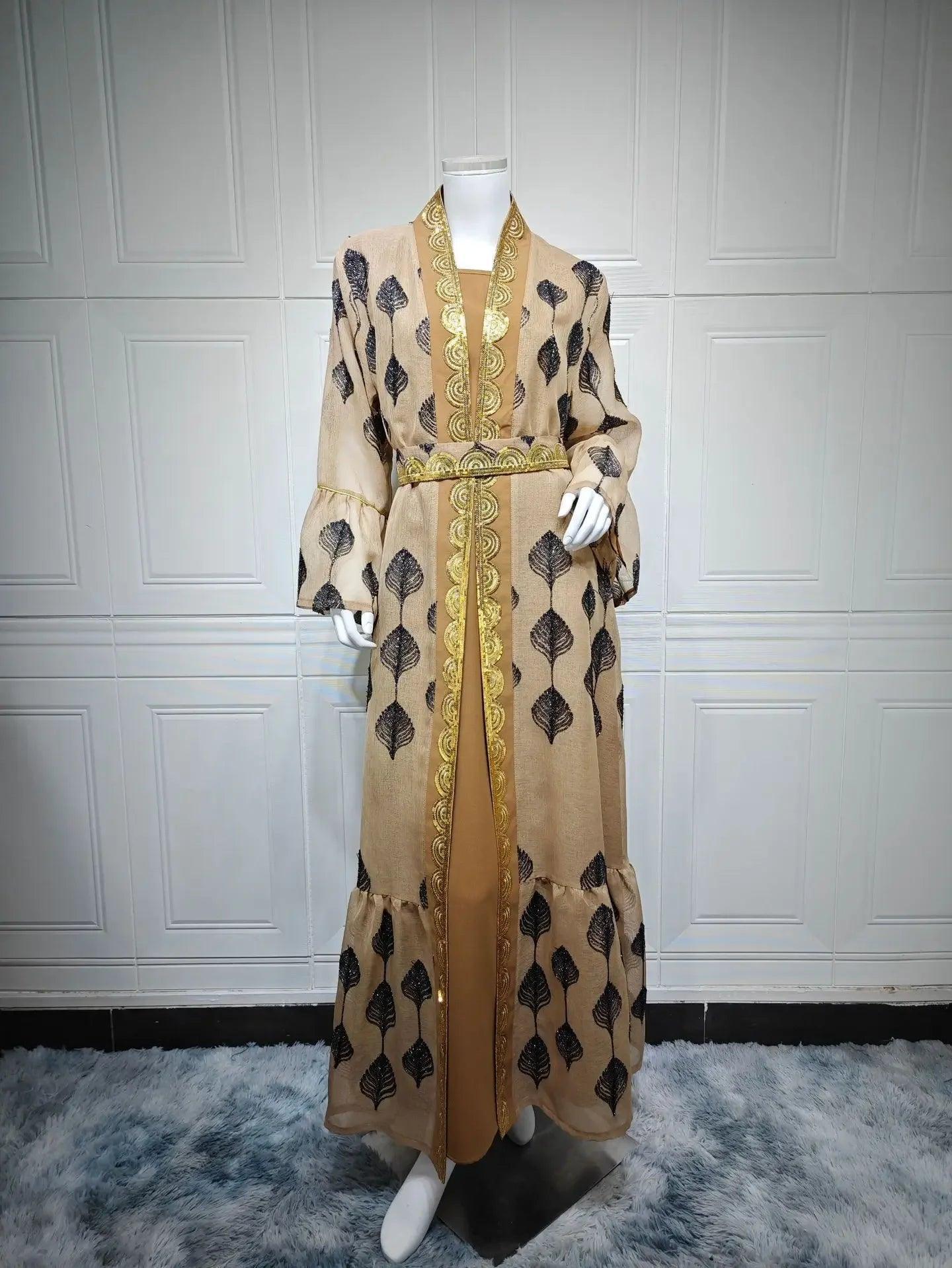 Abaya 2 Piece Set Mesh Embroidery Kaftan Vestidos Largos - Palm and Thread