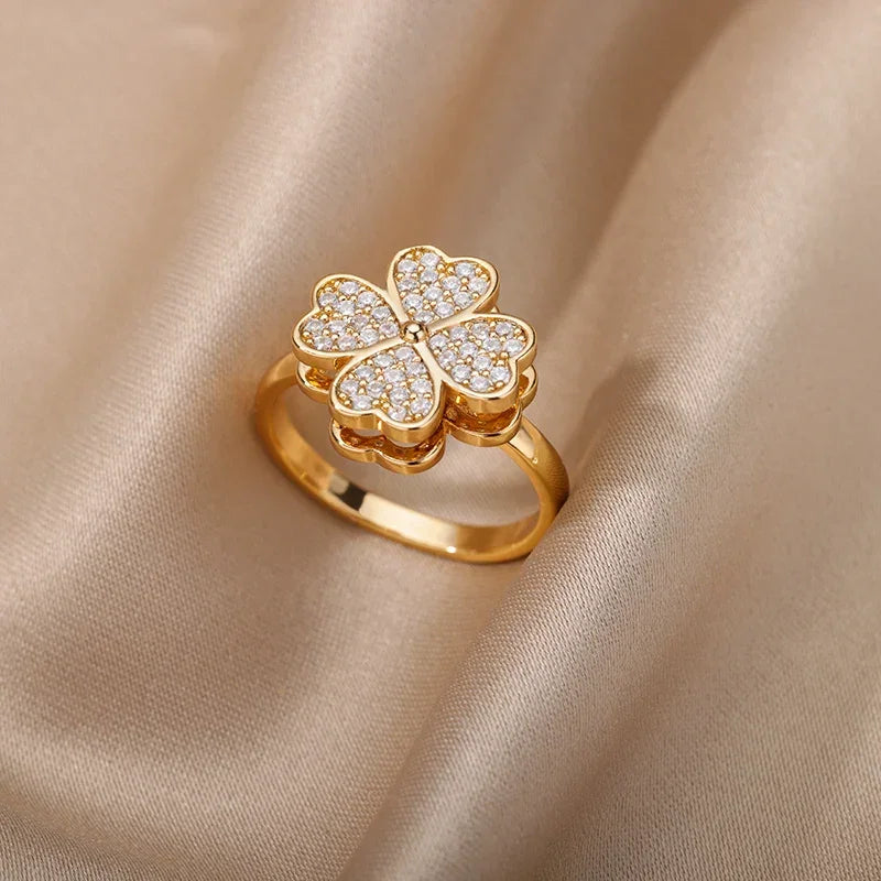 Zircon Cristal Geometric Stainless Steel Gold Color Adjustable Finger Ring - Palm and Thread