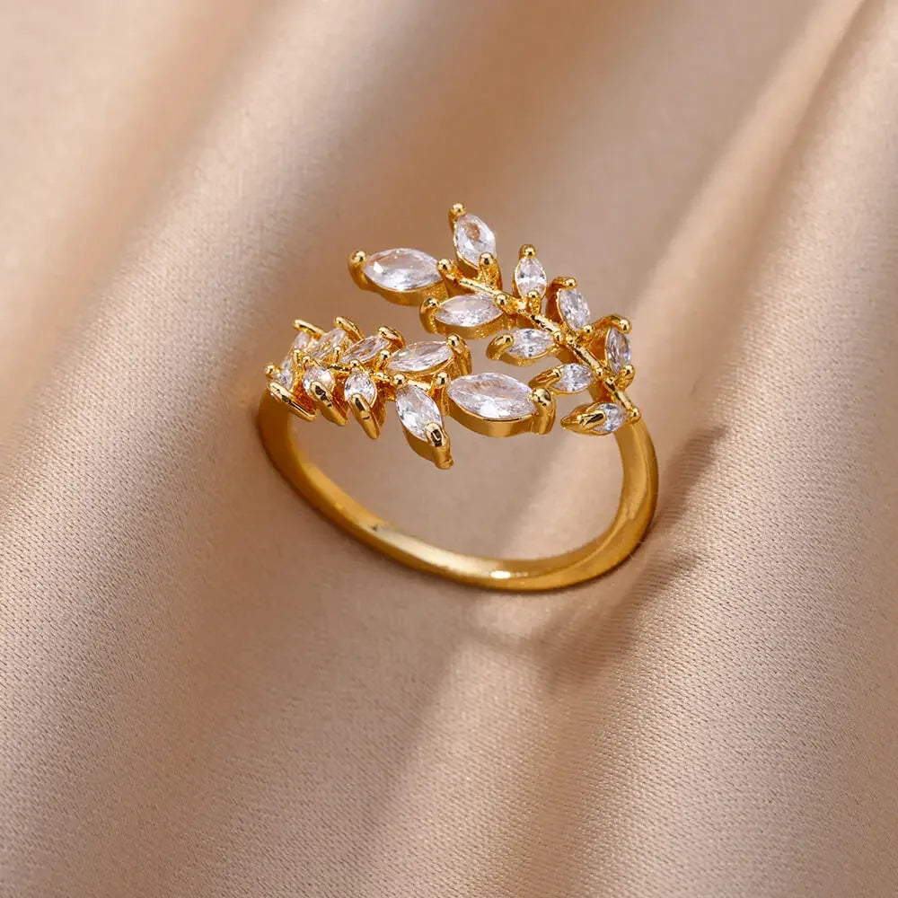 White Zircon Flower Leaf Shape Stainless Steel Ring - Palm and Thread