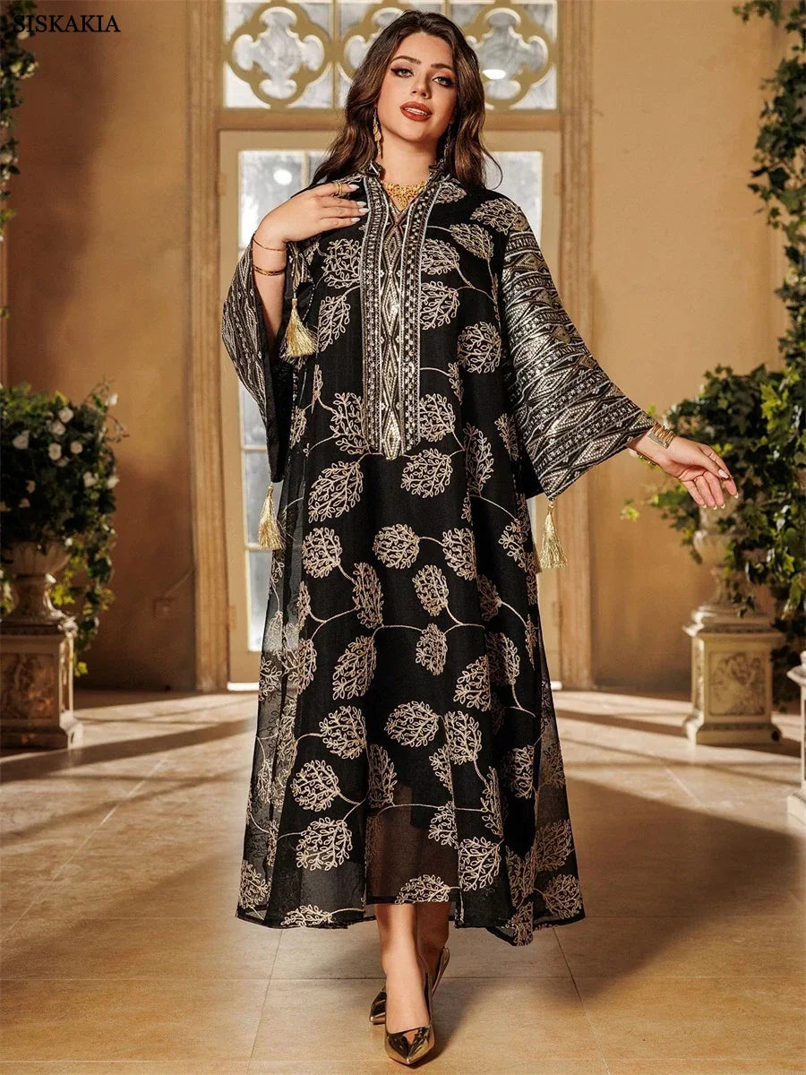Embroidery Sequins Maxi Dress Casual Loose Abaya - Palm and Thread