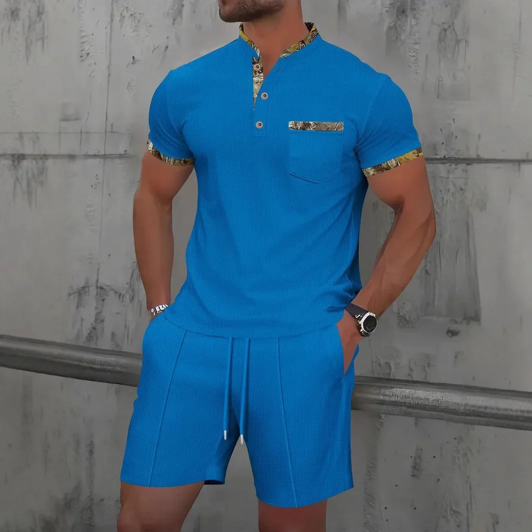 Waffle zip-up lapel short-sleeve suit shorts set - Palm and Thread